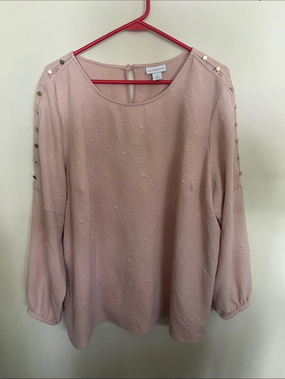 Liz Claiborne Dusty Pink Embroidered Long-Sleeve Blouse with Gold Buttons